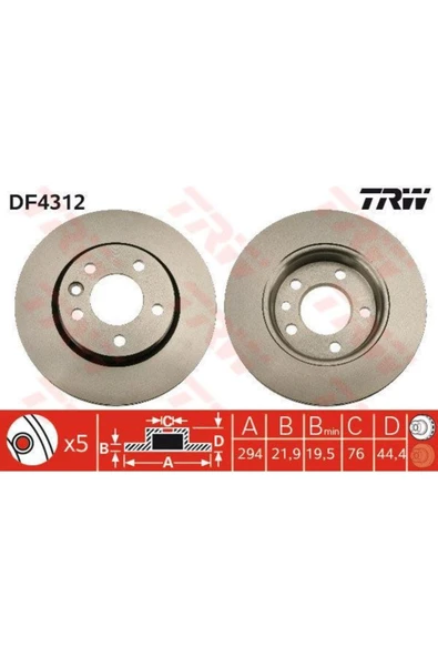 DF4312 Fren Diski Arka Transporter T5 03- Transporter T6 15- 16 Jant Havalı 294Mm ürün görseli 1