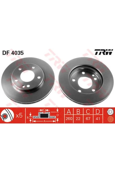 DF4035 FREN DİSKİ ÖN MERCEDES W163 98-01 HAVALI 5 BİJON 260X2 ürün görseli 1