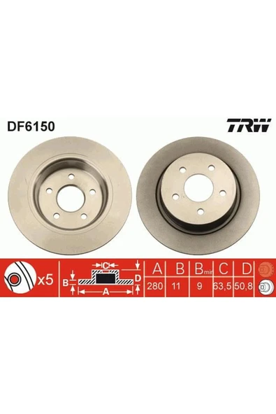 DF6150 Fren Diski Arka Cmax 10- Kuga 13- Tourneo Connect 13- Düz 280Mm 5 Bijon ürün görseli 1