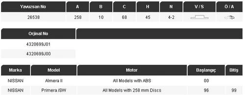 Yavuzsan 26538 Arka Fren Diski Primera 90-1.6-1.6l-2.0-16v-2.0ı Almera Iı 00-1.5-2.2d-1.8 258 10 4dl Adet 43206-59j01 ürün görseli 1