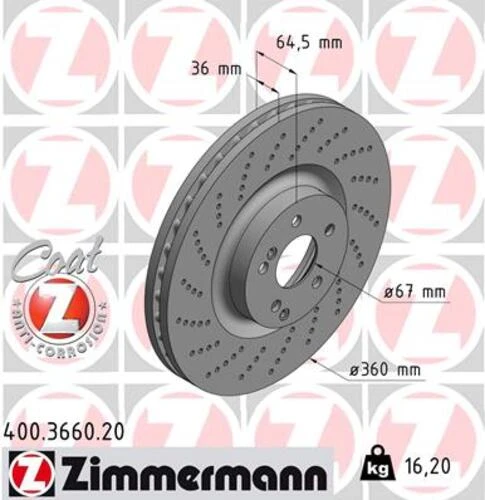Zimmermann 400.3660.20 Fren Diski Ön Mercedes Amg W204 W205 W212 W221 A0004212012 ürün görseli 1