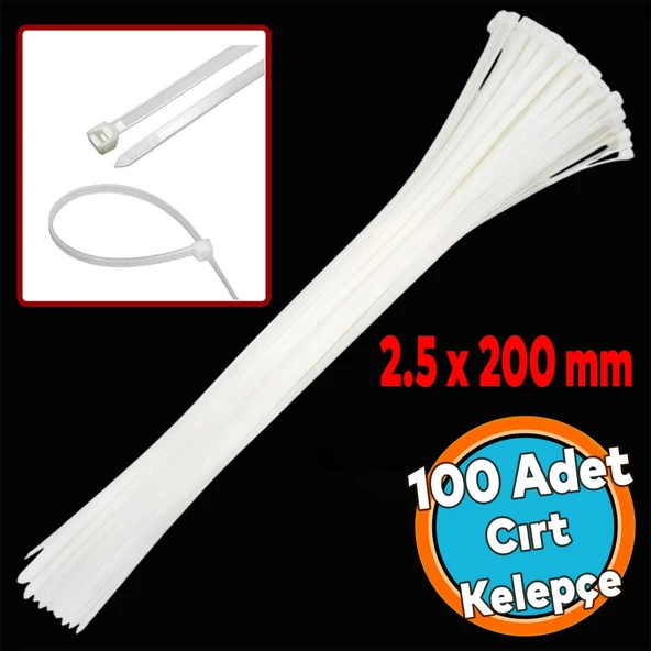 Cırt Kelepçe 2.5 x 200 mm 100 Adet 20 cm Plastik Beyaz Renk Zip Kablo Bağı Çok Amaçlı Bağlama ürün görseli 1