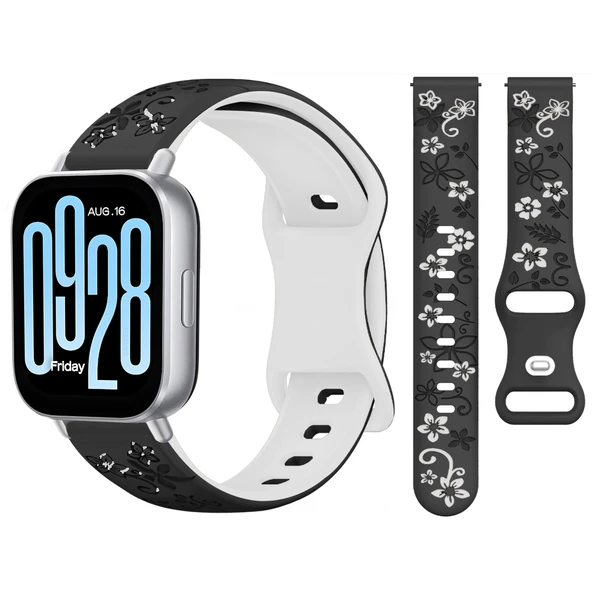 Redmi Watch 5 Active Redmi 5 Lite İle Uyumlu FloraFlex Çiçek Desenli Silikon Kordon  Siyah Beyaz ürün görseli 1