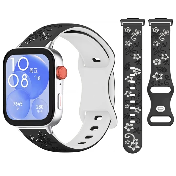 Huawei Watch Fit 3 İle Uyumlu FloraFlex Çiçek Desenli Silikon Kordon  Siyah Beyaz ürün görseli 1