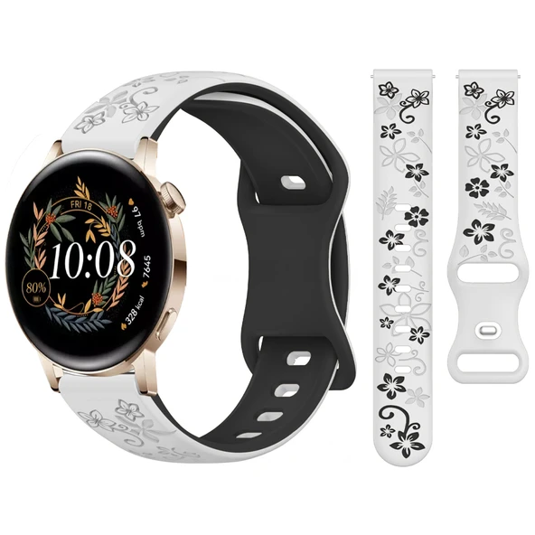 Huawei Watch GT2 GT3 42mm İle Uyumlu FloraFlex Çiçek Desenli Silikon Kordon  Beyaz ürün görseli 1