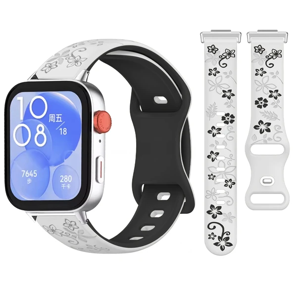 Huawei Watch Fit 3 İle Uyumlu FloraFlex Çiçek Desenli Silikon Kordon  Beyaz ürün görseli 1