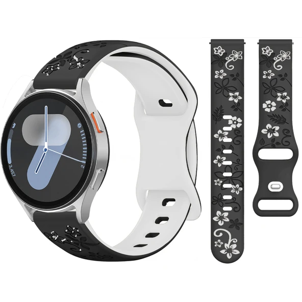 Samsung Galaxy Watch 4 5 Serisi ile Uyumlu FloraFlex Çiçek Desenli Silikon Kordon  Siyah Beyaz ürün görseli 1