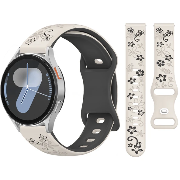 Samsung Galaxy Watch 4 5 Serisi ile Uyumlu FloraFlex Çiçek Desenli Silikon Kordon  Starlight ürün görseli 1
