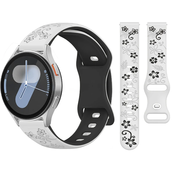 Samsung Galaxy Watch 4 5 Serisi ile Uyumlu FloraFlex Çiçek Desenli Silikon Kordon  Beyaz ürün görseli 1