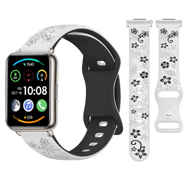 Huawei Watch Fit 2 İle Uyumlu FloraFlex Çiçek Desenli Silikon Kordon  Beyaz ürün görseli 1