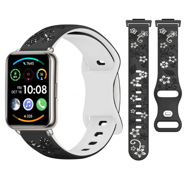 Huawei Watch Fit 2 İle Uyumlu FloraFlex Çiçek Desenli Silikon Kordon  Siyah Beyaz ürün görseli 1