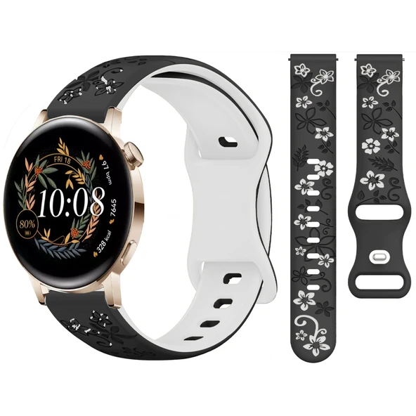 Huawei Watch GT2 GT3 42mm İle Uyumlu FloraFlex Çiçek Desenli Silikon Kordon  Siyah Beyaz ürün görseli 1