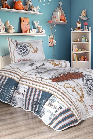 Gemici Baskılı Kapitoneli Tek Kişilik Yatak Örtüsü Mavi ürün görseli 1
