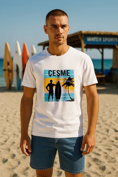 Erkek Bisiklet Yaka %100 Pamuk Çeşme Baskılı Kısa Kollu T-shirt ürün görseli 1