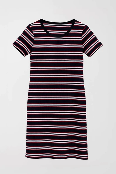Kadın Çizgili Bisiklet Yaka Esnek Lacivert T-shirt Elbise ürün görseli 1