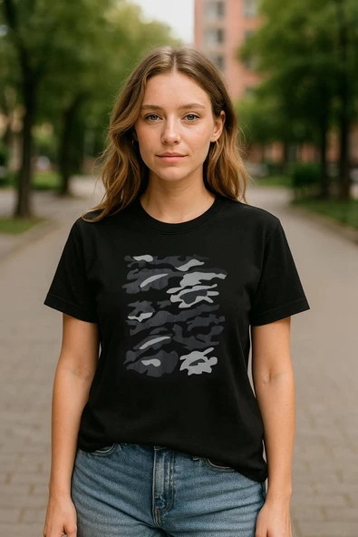 Kadın Bisiklet Yaka %100 Pamuk Baskılı Siyah T-shirt ürün görseli 1