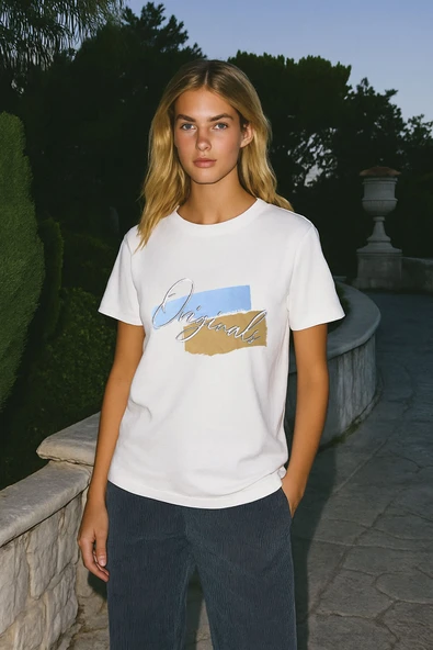 Kadın %100 Pamuk Bisiklet Yaka Baskılı T-shirt ürün görseli 1