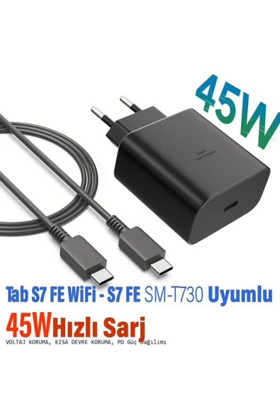 EXENAR Samsung Galaxy Tab S7 FE SM-T730 Uyumlu Tab S7 FE WiFi Şarj Aleti ve Kablosu 45W ürün görseli 1