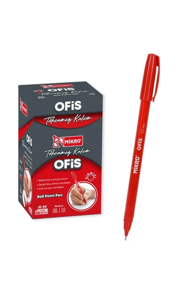 Mikro M-40 Ofis Tipi Tükenmez Kalem Kırmızı 1.0 Mm- 50 Adet ürün görseli 1
