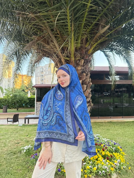 MODA Modal Soft Serisi Etnik Desen Şal Saks Mavisi ürün görseli 1
