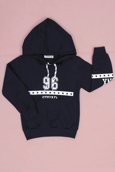 96 Yazı Baskılı Kanguru Cepli Erkek Çocuk Kapüşonlu Sweat ürün görseli 1