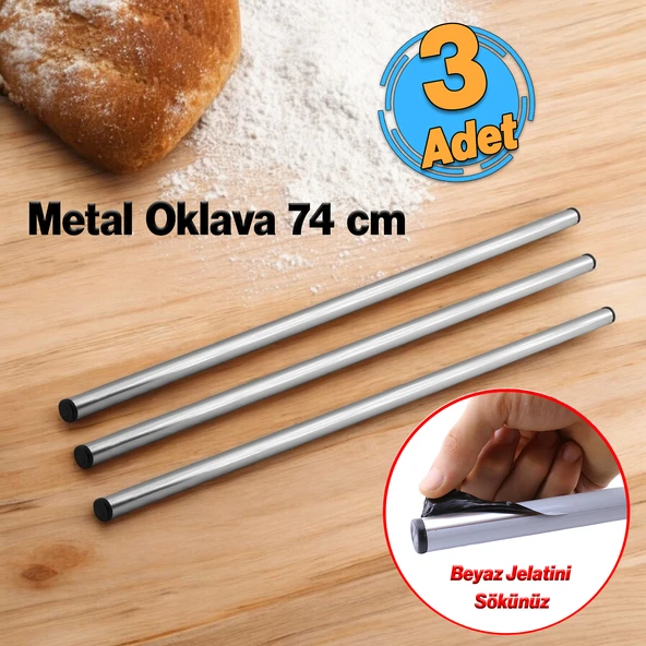 (3 Adet) Alüminyum Metal Oklava Tekli 74 cm Mutfak Börek Hamur Un Yufka Açma Silindir Yuvarlak Krom ürün görseli 1