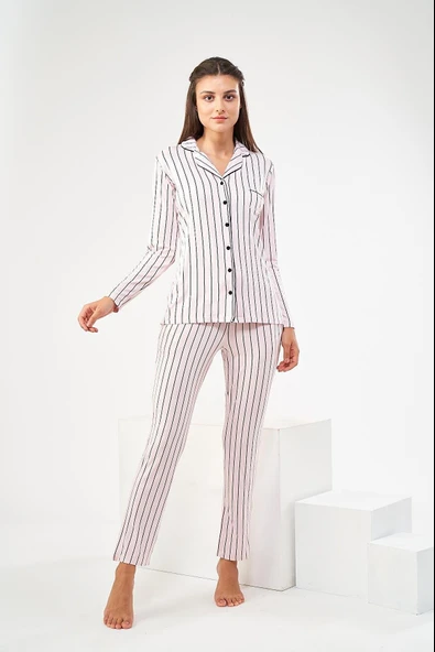 PJS 22447 Kadın Çizgili Düğmeli Pijama Takım ürün görseli 1