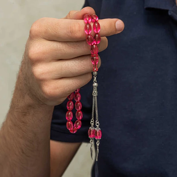 Gümüş Püsküllü Pembe Ateş Kehribar Tesbih - Resim 4
