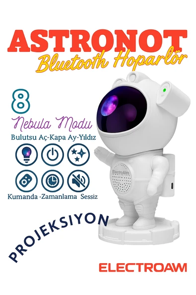 Astronot Tasarımlı Bluetooth Hoparlör Gece Lambası 8 Renkli Projeksiyon, Kumandalı ürün görseli 1