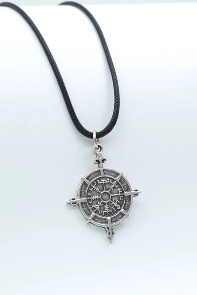 Viking Vegvisir Pusula  Gümüş Kaplama Deri İp Kolye ürün görseli 1