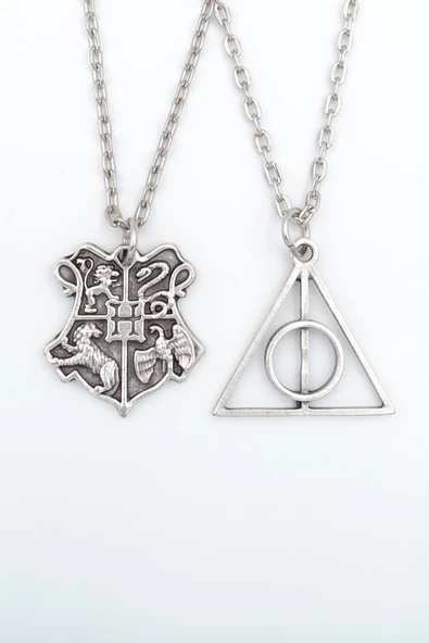 2'li Harry Potter Ölüm Yadigarları Üçgen - Hogwarts Gümüş Kaplama Kolye Seti ürün görseli 1