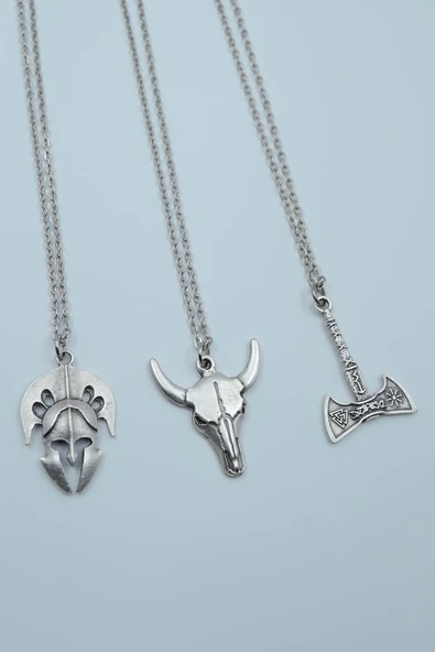 3'lü Viking Balta Buffalo - Boğa Savaşçı Miğfer Gümüş Kaplama Kolye Seti ürün görseli 1