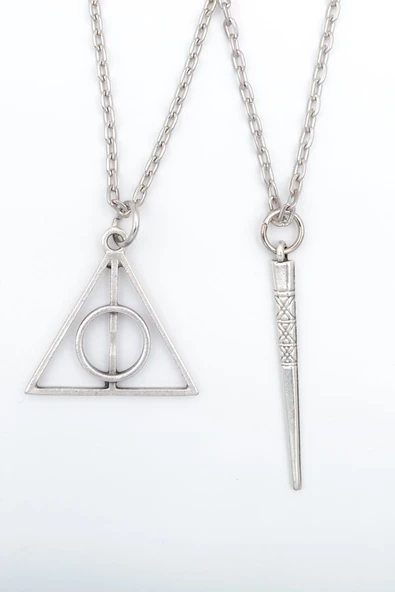 2'li Harry Potter Ölüm Yadigarları Üçgen - Antik Çubuk Gümüş Kaplama Kolye Seti ürün görseli 1
