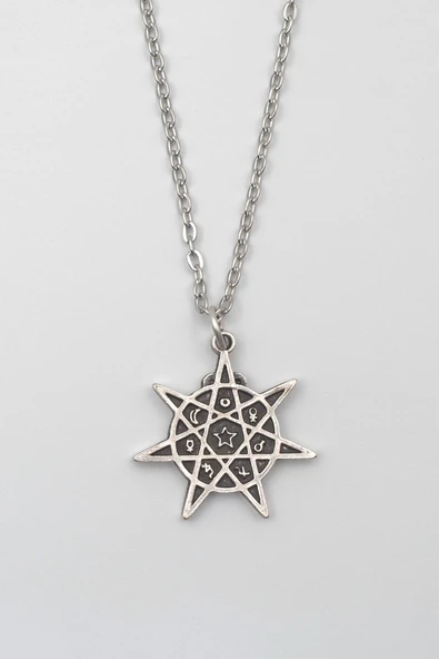 Modern Heptagram Yıldız Kolye - Düz Ezme İthal Zincirli Unisex Gümüş Kaplama - 60 cm ürün görseli 1