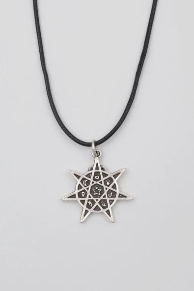Heptagram Astroloji 7 Nokta Yıldız Kolye - PU Deri İp Zincirli Unisex Gümüş Kaplama - 60 cm ürün görseli 1