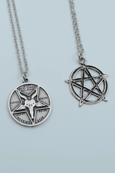 2'li Lucifer Morning Star Pentagram Wicca Gümüş Kaplama Kolye Seti ürün görseli 1