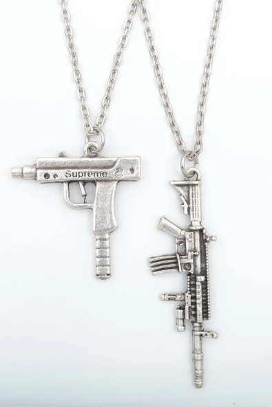 2'li Uzi - M4  Gümüş Kaplama Kolye Seti ürün görseli 1