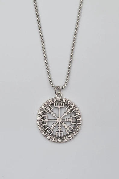 Viking Pusula Kolye (Vegvisir) - Örme İthal Zincirli Unisex Gümüş Kaplama - 60 cm ürün görseli 1