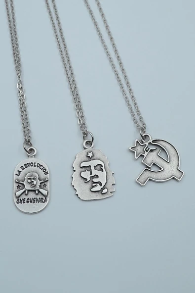 3'lü Devrim Che Guevara Orak Çekiç Gümüş Kaplama Kolye Seti ürün görseli 1