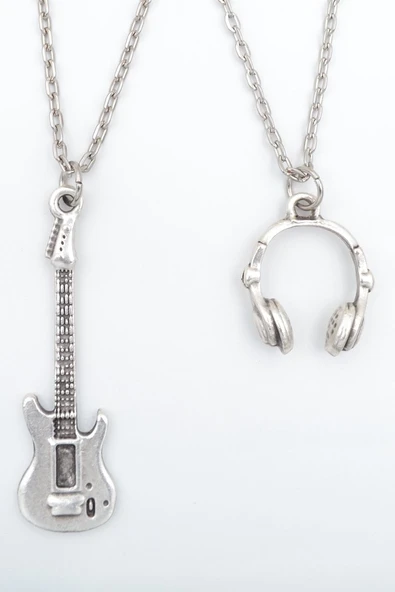 2'li Elektro Gitar - Kulaklık Gümüş Kaplama Kolye Seti ürün görseli 1