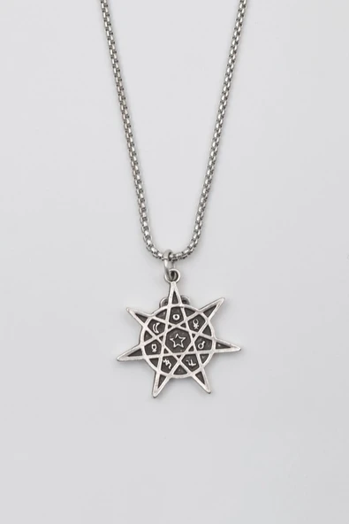 Astroloji 7 Nokta Yıldız Kolye - Örme İthal Zincirli Unisex Gümüş Kaplama Heptagram - 60 cm ürün görseli 1