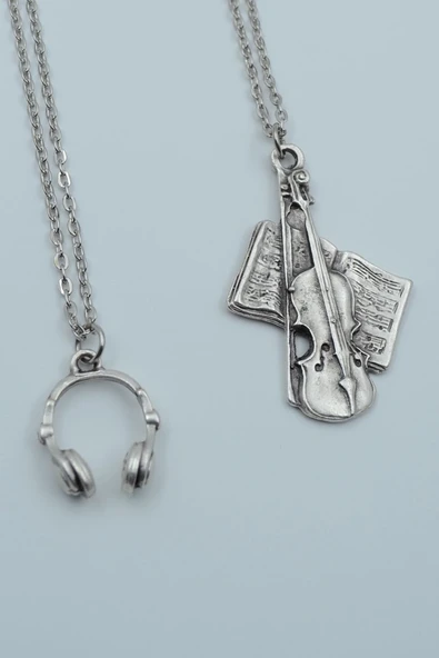 2'li Keman Nota Defteri Kulaklık Gümüş Kaplama Kolye Seti ürün görseli 1