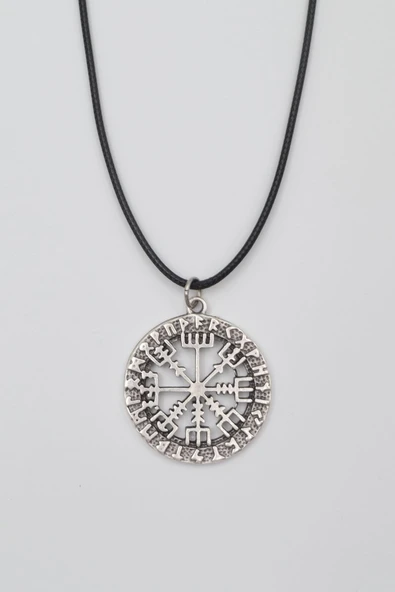 Viking Pusula Kolye (Vegvisir) - PU Deri İp Zincirli Unisex Gümüş Kaplama - 60 cm ürün görseli 1