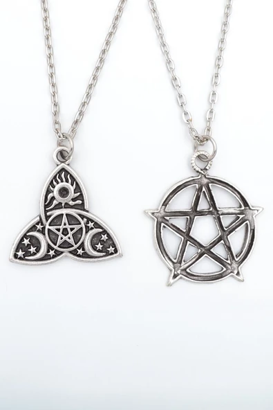 2'li Pentagram - Triquetra Güneş Ay Yıldız Gümüş Kaplama Kolye Seti ürün görseli 1