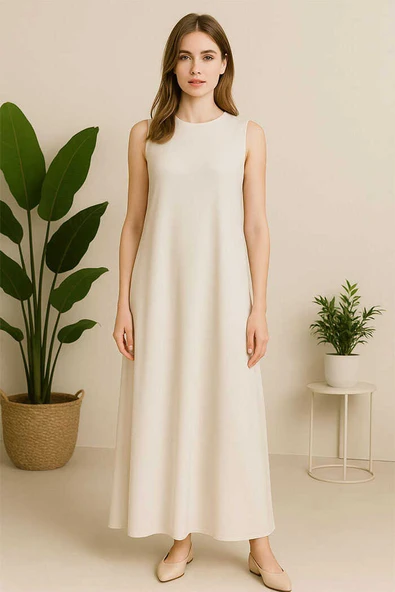 Sıfır Kollu Uzun Sandy İçlik Elbise 3197 Taş ürün görseli 1
