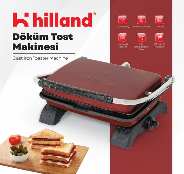 Hilland Organik %100 Demir Döküm Plakalı Tost Makinesi Bordo - Temizleme Fırçası Hediyeli ürün görseli 1