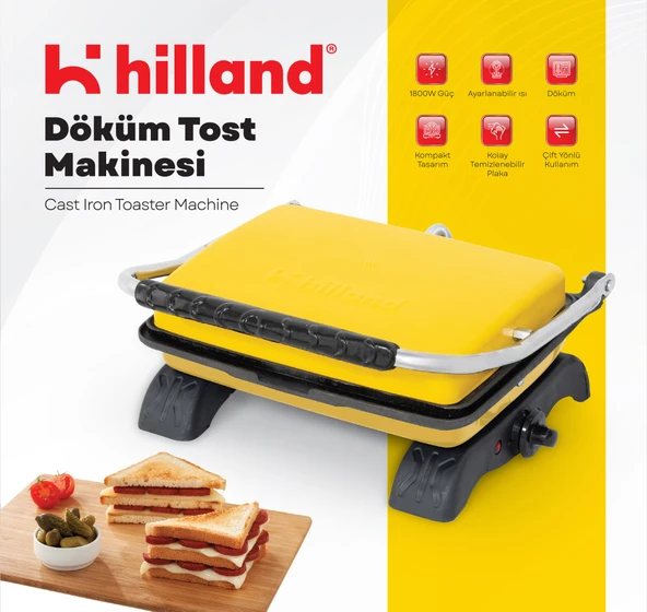 Hilland Organik %100 Demir Döküm Plakalı Tost Makinesi Sarı - Temizleme Fırçası Hediyeli ürün görseli 1