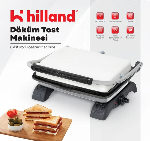 Hilland Organik %100 Demir Döküm Plakalı Tost Makinesi Beyaz - Temizleme Fırçası Hediyeli ürün görseli 1