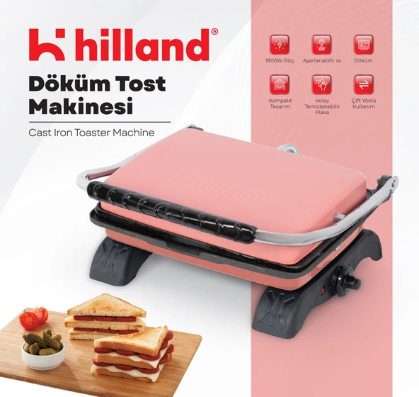 Hilland Organik %100 Demir Döküm Plakalı Tost Makinesi Pembe - Temizleme Fırçası Hediyeli ürün görseli 1
