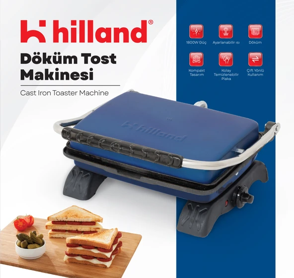 Hilland Organik %100 Demir Döküm Plakalı Tost Makinesi Lacivert - Temizleme Fırçası Hediyeli ürün görseli 1